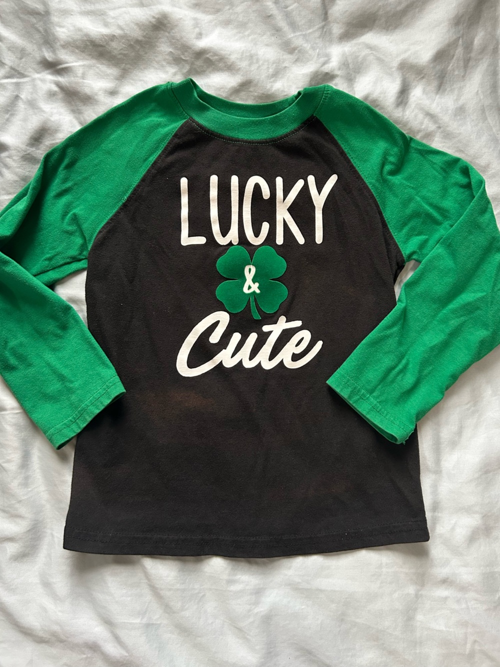 Kids 'Lucky & Cute' Black and Green Raglan Shirt size 5